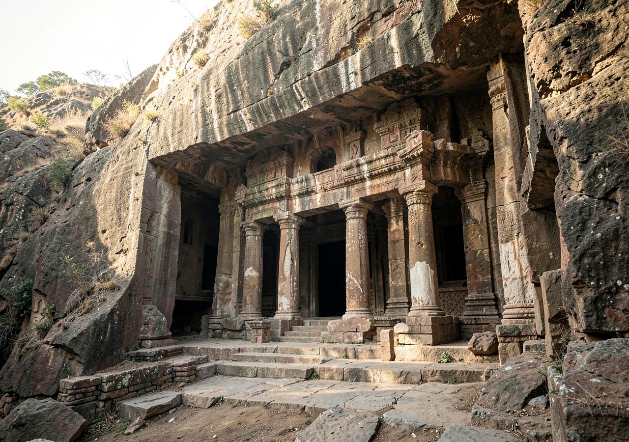 Rock-cut cave temple with carved pillars set into a sandstone hillside