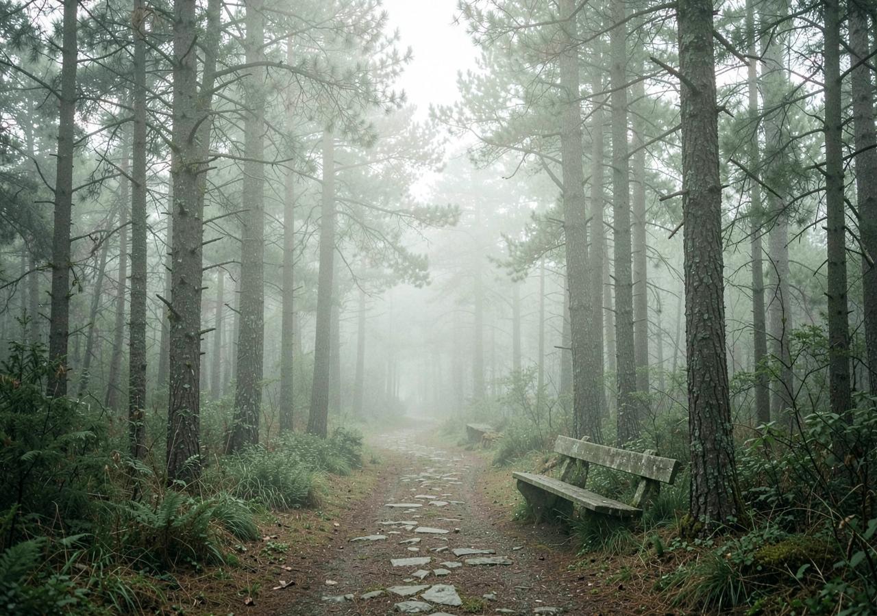 Foggy pine forest trail with a weathered wooden bench