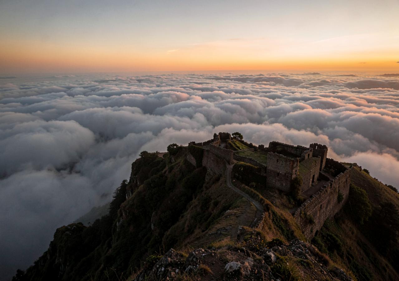 Hilltop fort ruins above a sea of clouds at sunrise