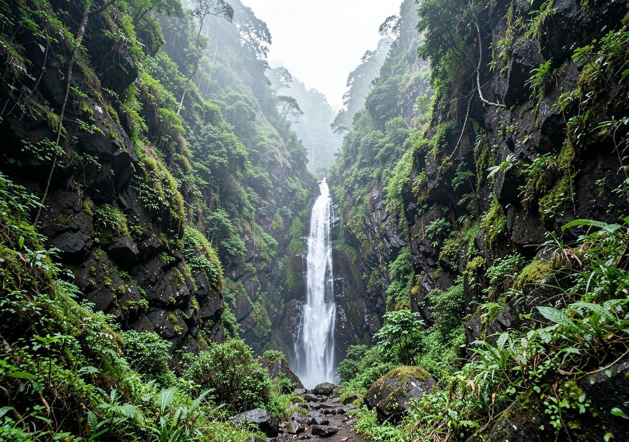 Tall waterfall falling into a green basalt gorge in the Western Ghats