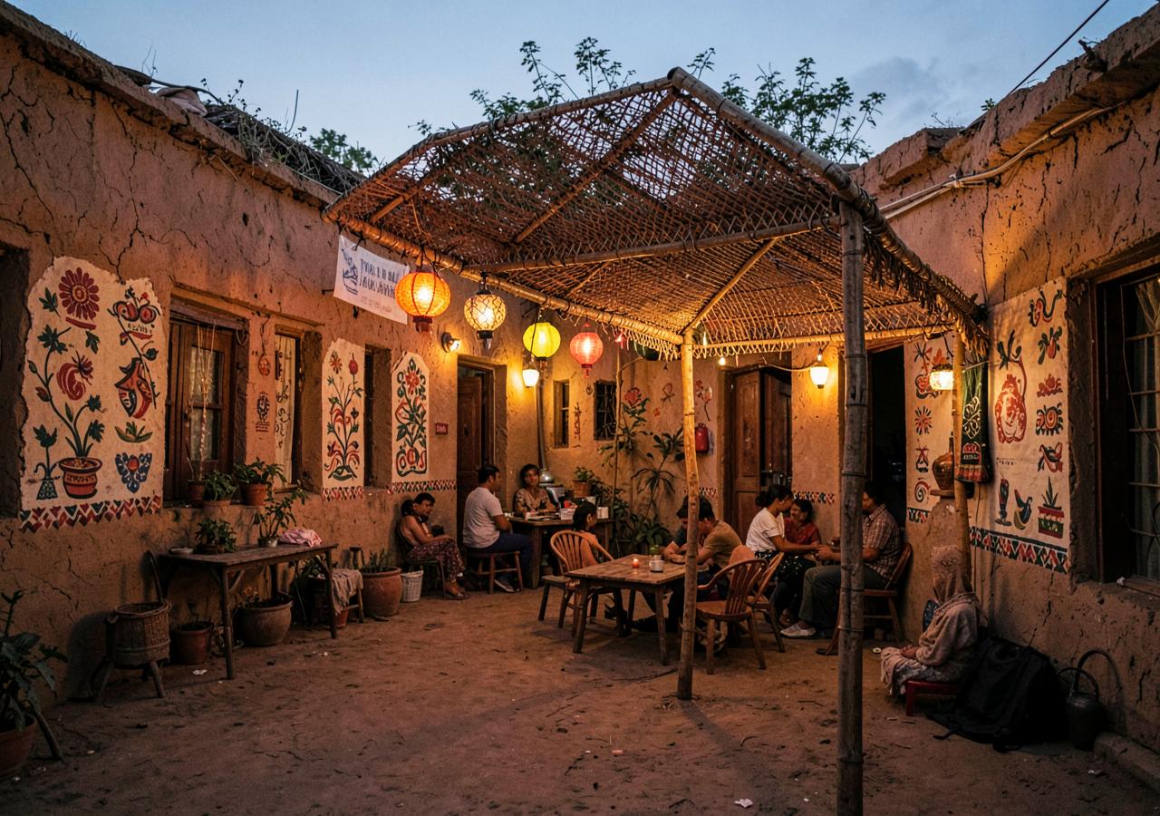Village homestay courtyard at dusk with lanterns and painted mud walls