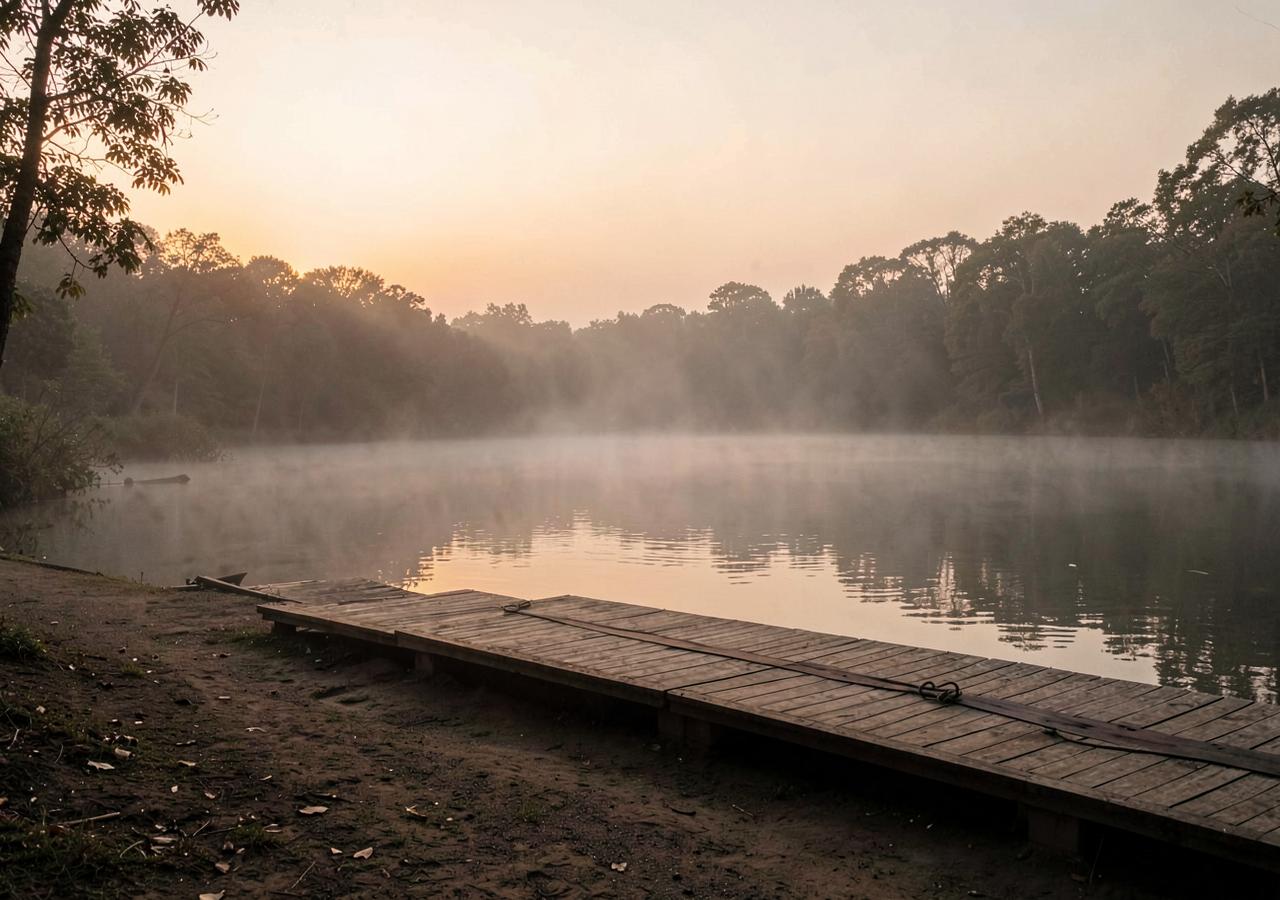 Wooden jetty beside a misty lake at sunrise