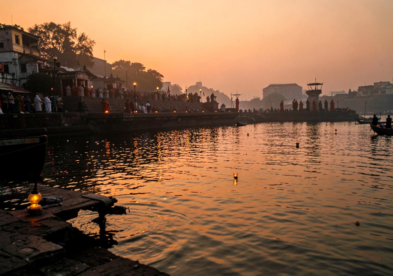 River ghats at dawn with oil lamps floating on the water