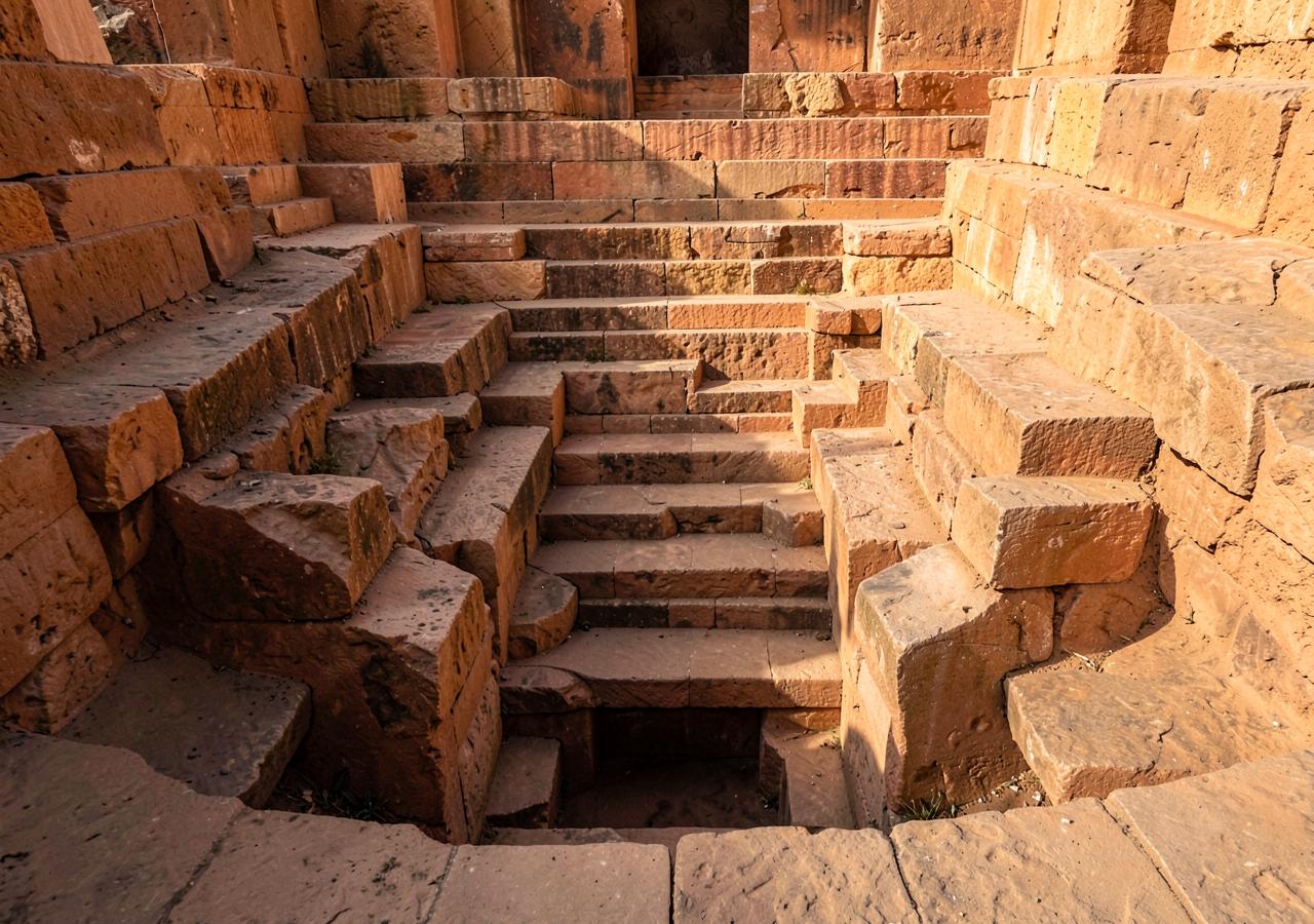 Symmetrical sandstone steps descending into an ancient stepwell