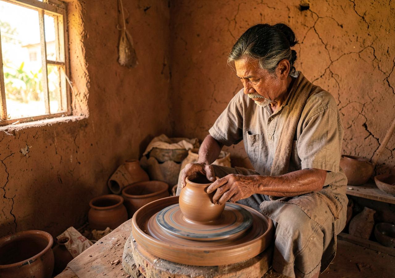 Village potter shaping clay on a wheel in a mud-walled workshop